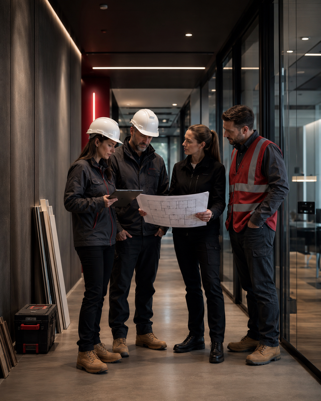 Scorpion 101 commercial facility services crew reviewing project plans